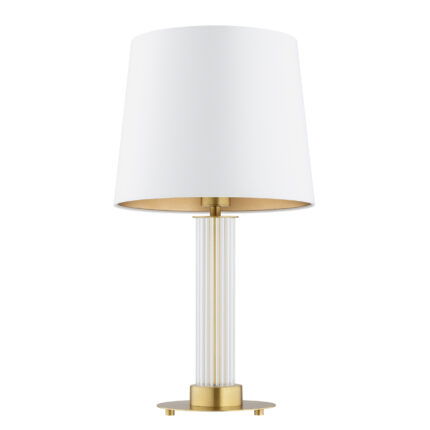 Unlit view of a brass and glass table lamp with cream fabric lampshade.