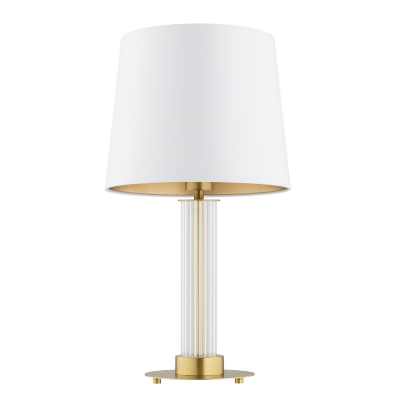 Unlit view of a brass and glass table lamp with cream fabric lampshade.