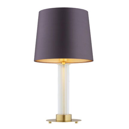 Full view with light bulb on of a glass table lamp with purple fabric shade.