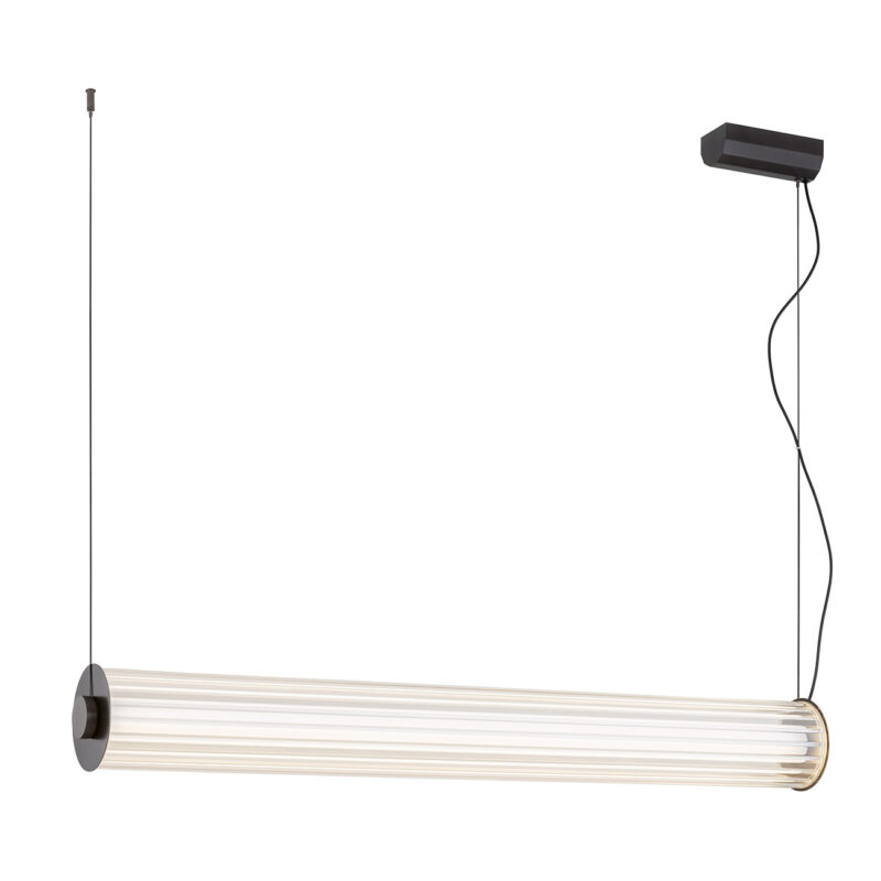 80cm long ribbed glass LED tube pendant light hanging from wires.