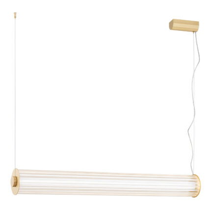 LED tube pendant light with brushed brass finishes.