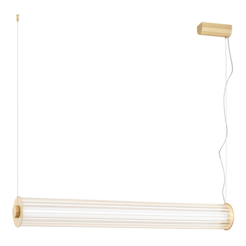 LED tube pendant light with brushed brass finishes.