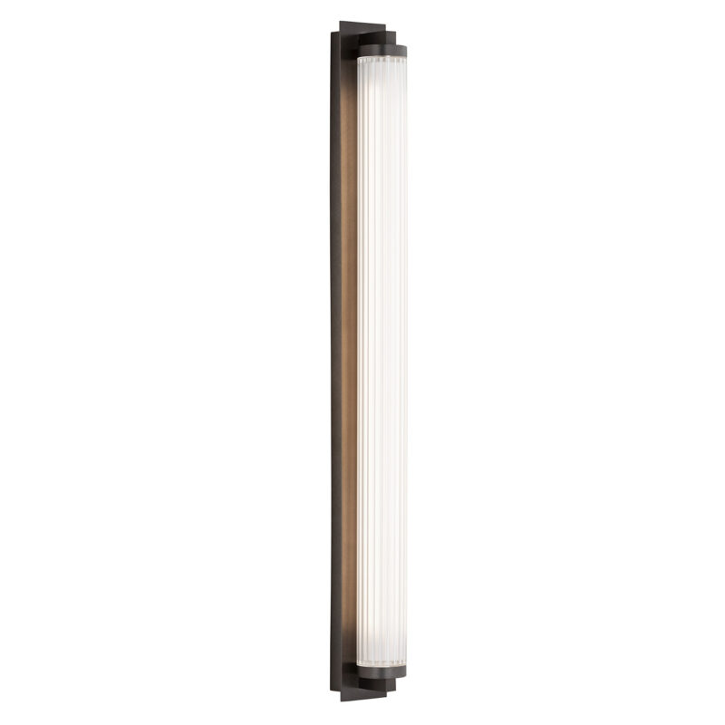 Left side switched on view of a bronze led tubular wall light.