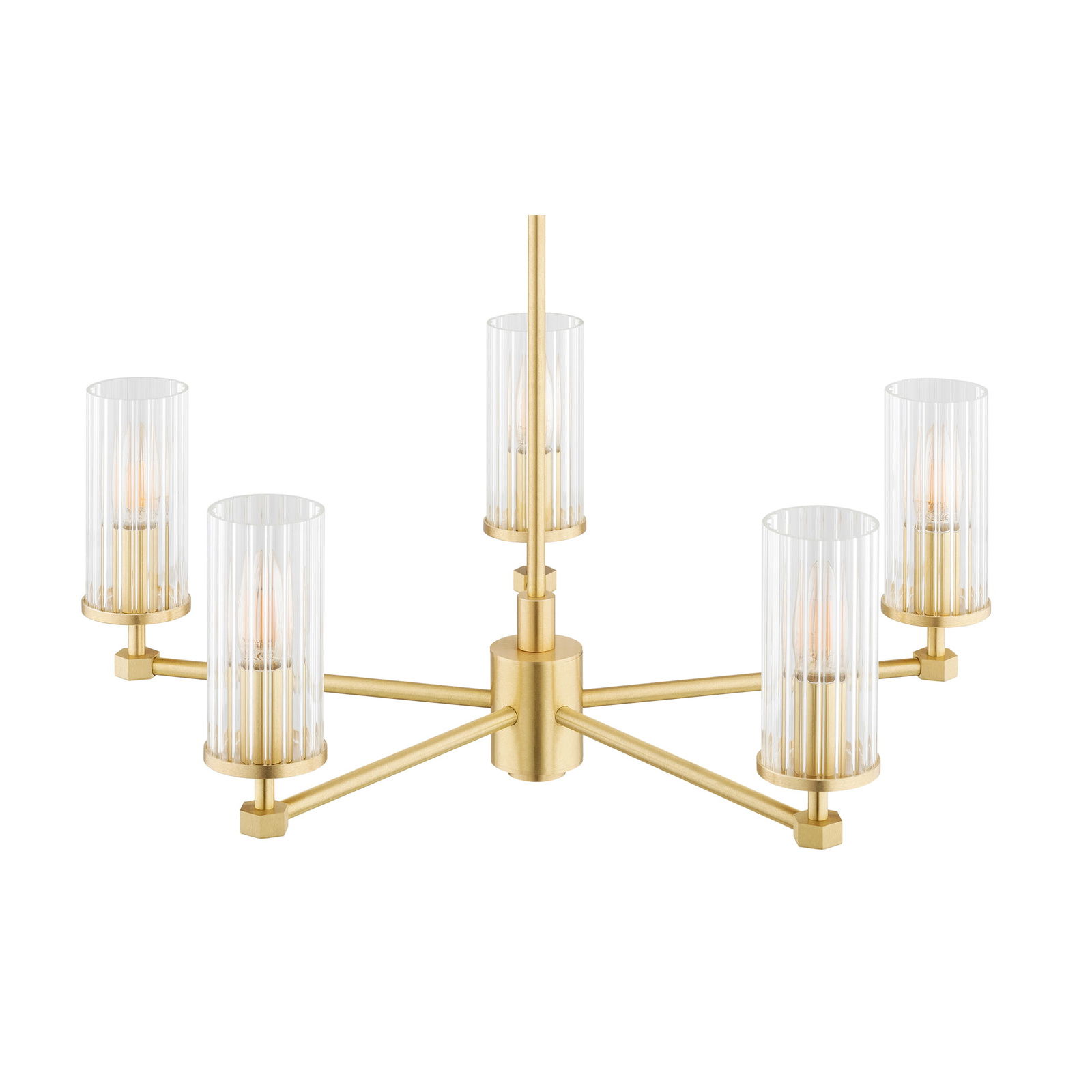 Brushed brass Ampton 5-light chandelier with clear ribbed glass cylindrical shades on white background.