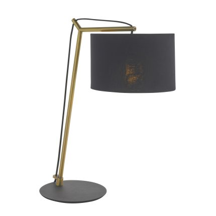 The Magna Table Lamp, Matt Brass, Black Shade, on a white background with the light bulb on.