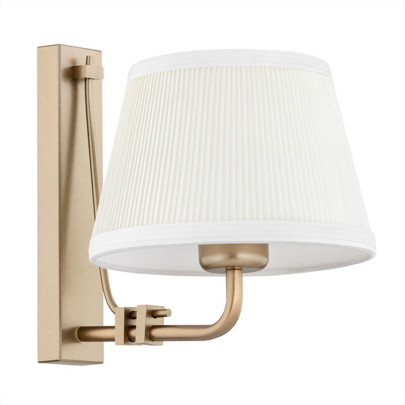 Cream ribbed fabric Arani wall light showing vertical texture detail and old gold arm.