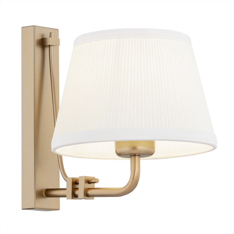 Cream fabric Arani wall light with old gold arm and rectangular mounting plate.