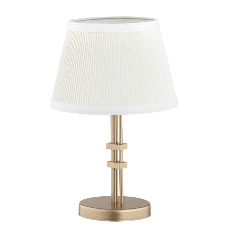 Old gold Arani table lamp showing vertical ribbed texture on cream fabric shade.