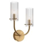 Arco Right Brass Wall Lamp, Clear Ribbed Glass, 2 Light, 25cm Wide