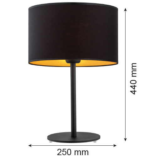 Size image of a black table lamp with black fabric shade.