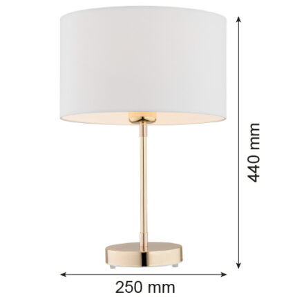 Brass table lamp with white fabric drum lampshade shown with sizes in MM on the image. 