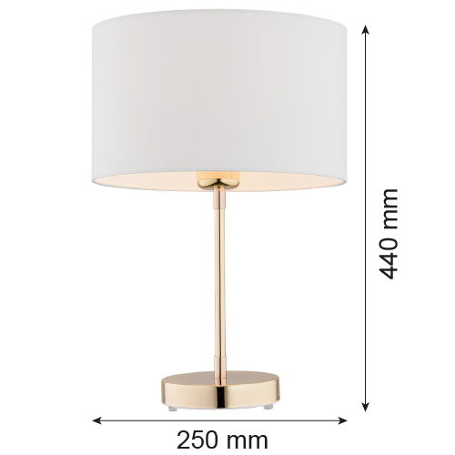Brass table lamp with white fabric drum lampshade shown with sizes in MM on the image. 