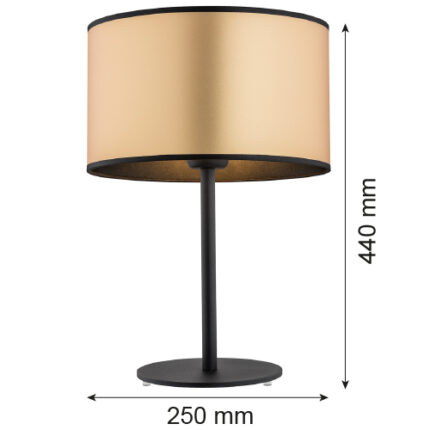 Black table lamp base with gold lampshade shown with sizes in MM listed on the image. 