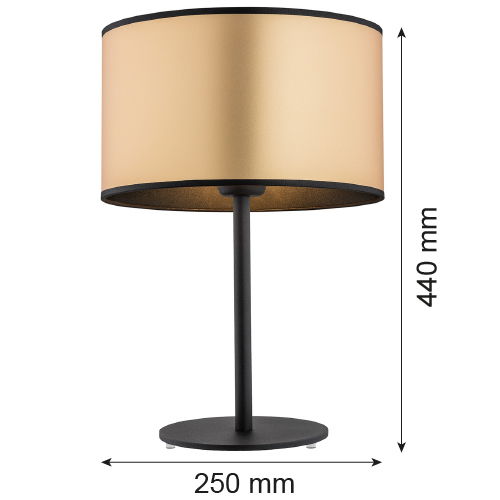 Black table lamp base with gold lampshade shown with sizes in MM listed on the image. 
