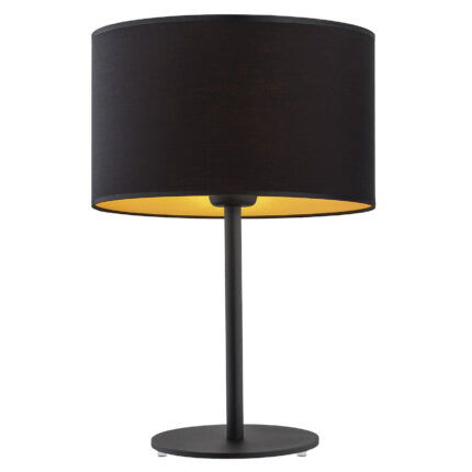 Full view of a black table lamp with black fabric shade which has a gold inner. 