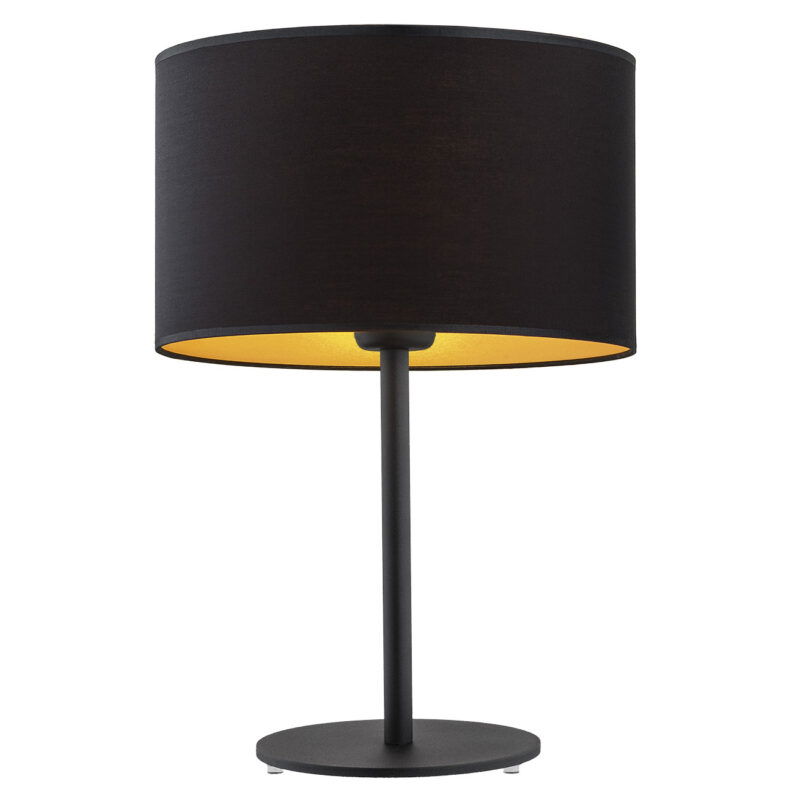 Full view of a black table lamp with black fabric shade which has a gold inner. 