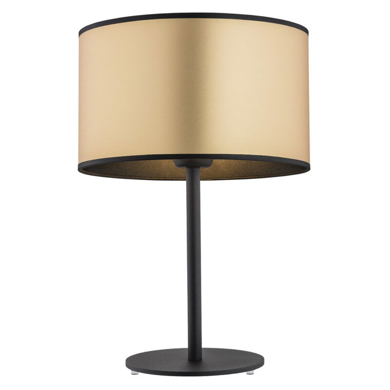 Black base table lamp with round drum gold lampshade on top.