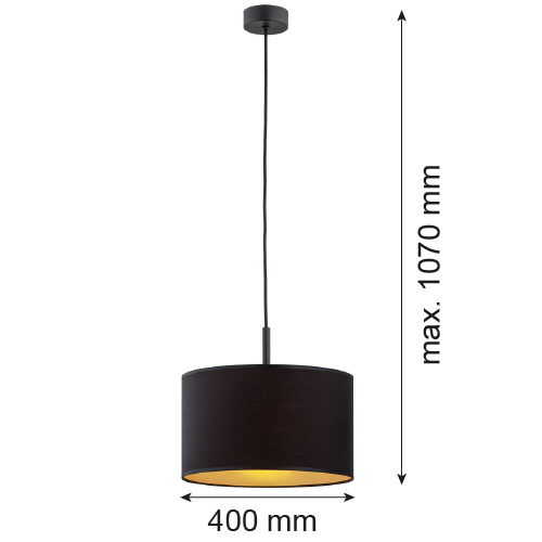 Black single pendant light with black fabric shade shown with sizes in MM listed on the image. 