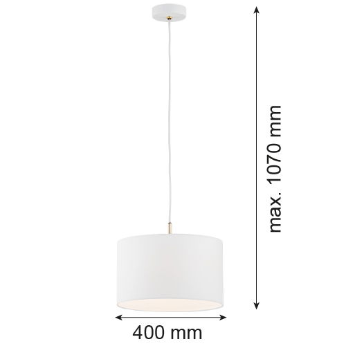 White pendant lamp with fabric drum shade with sizes in MM listed on the image.