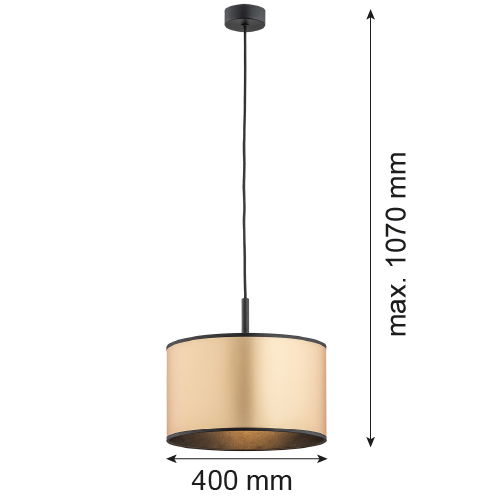 Image a of a gold shade and black pendant light with sizes shown on the image.