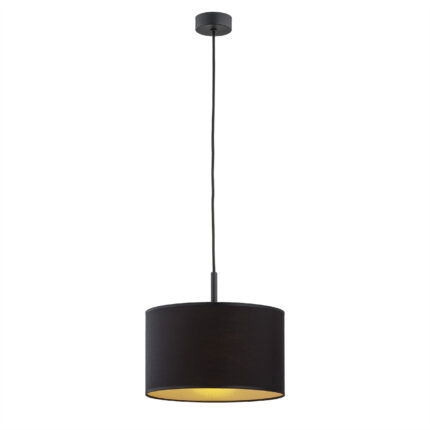 1 light black pendant light with black fabric shade and gold inner shown in full view.