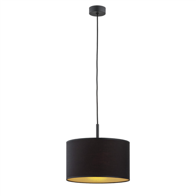 1 light black pendant light with black fabric shade and gold inner shown in full view.