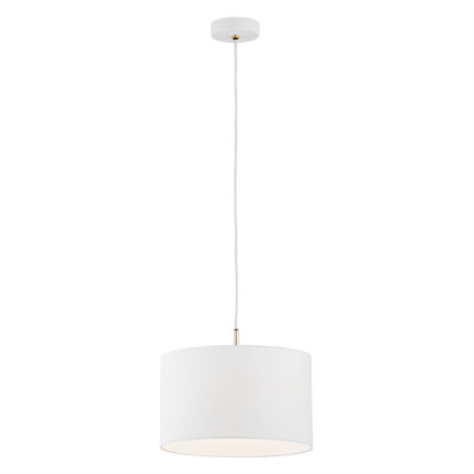 Full view of a white pendant lamp with white fabric drum shade. 