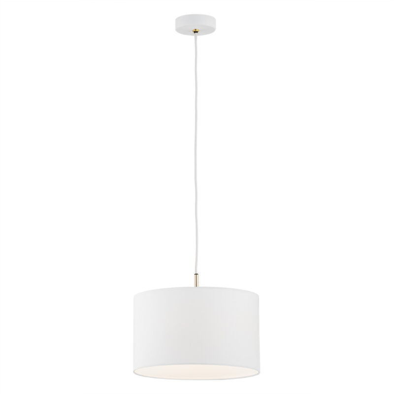 Full view of a white pendant lamp with white fabric drum shade. 