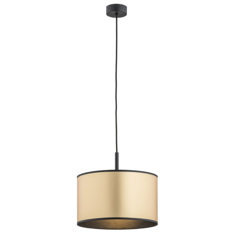 Full view on a white background of a single black pendant light with gold lampshade.