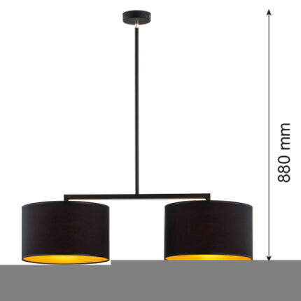 A linear shaped black two light pendant light with drum fabric shades with sizes shown.