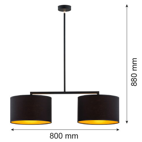 A linear shaped black two light pendant light with drum fabric shades with sizes shown.