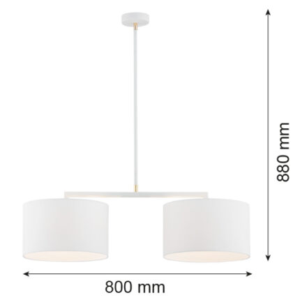 White pendant lamp with two fabric drum shades shown with sizes in millimetres on the image.