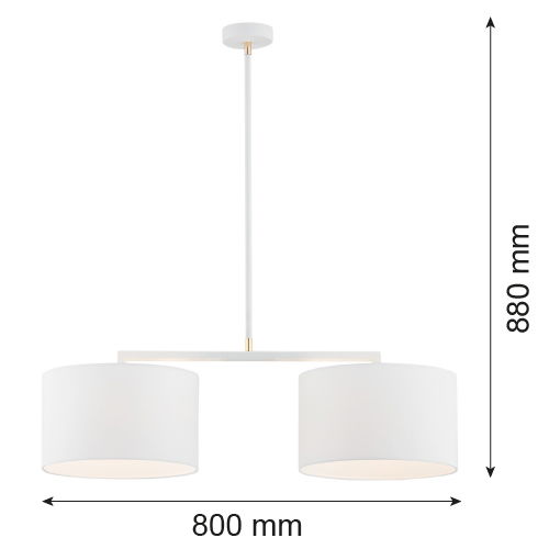 White pendant lamp with two fabric drum shades shown with sizes in millimetres on the image.