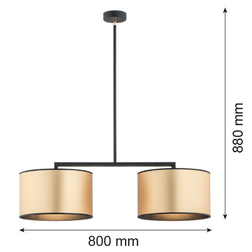 Gold shades on a black framed two light pendant light with sizes in MM listed on the image.