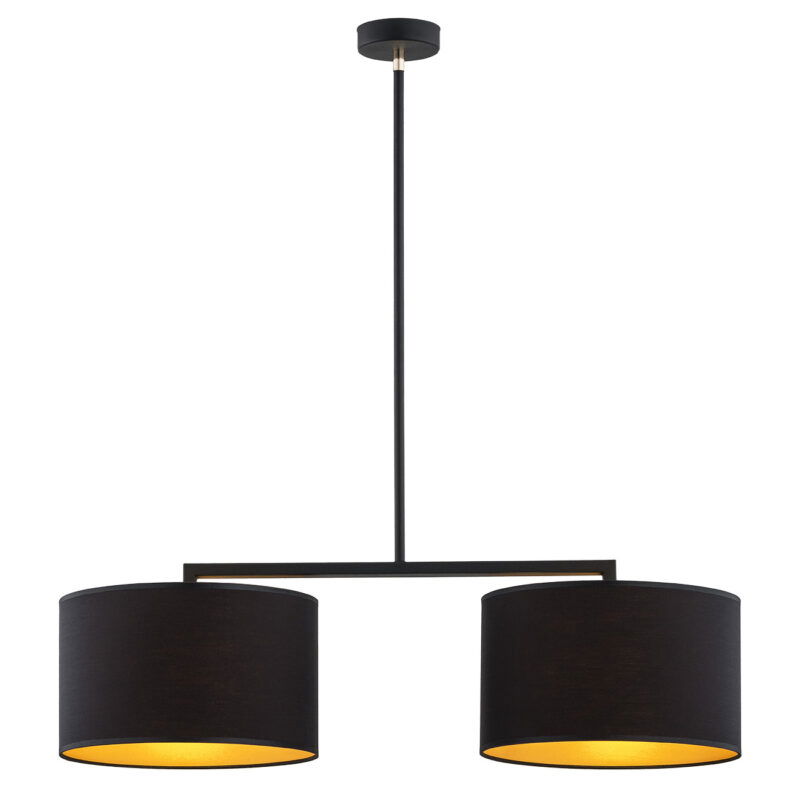 Front view of a black pendant light with a linear bar which holds two black fabric shades.