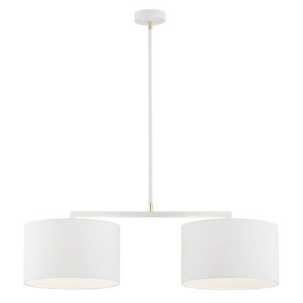 Twin pendant lamp with white shades and white steel frame.