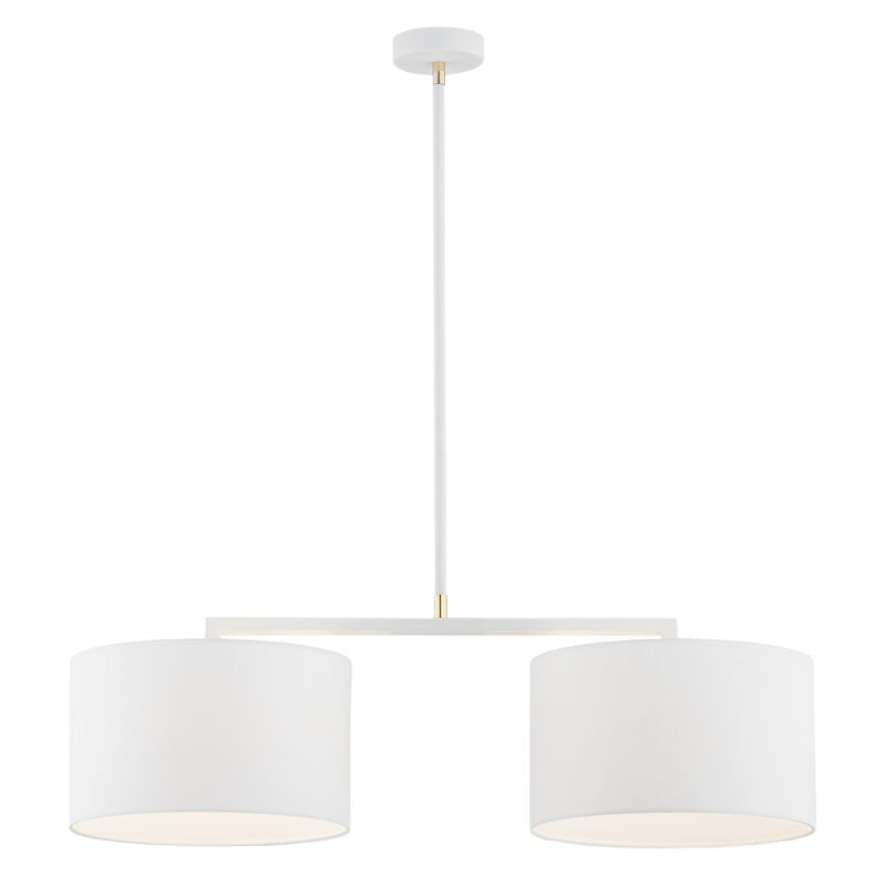 Twin pendant lamp with white shades and white steel frame.