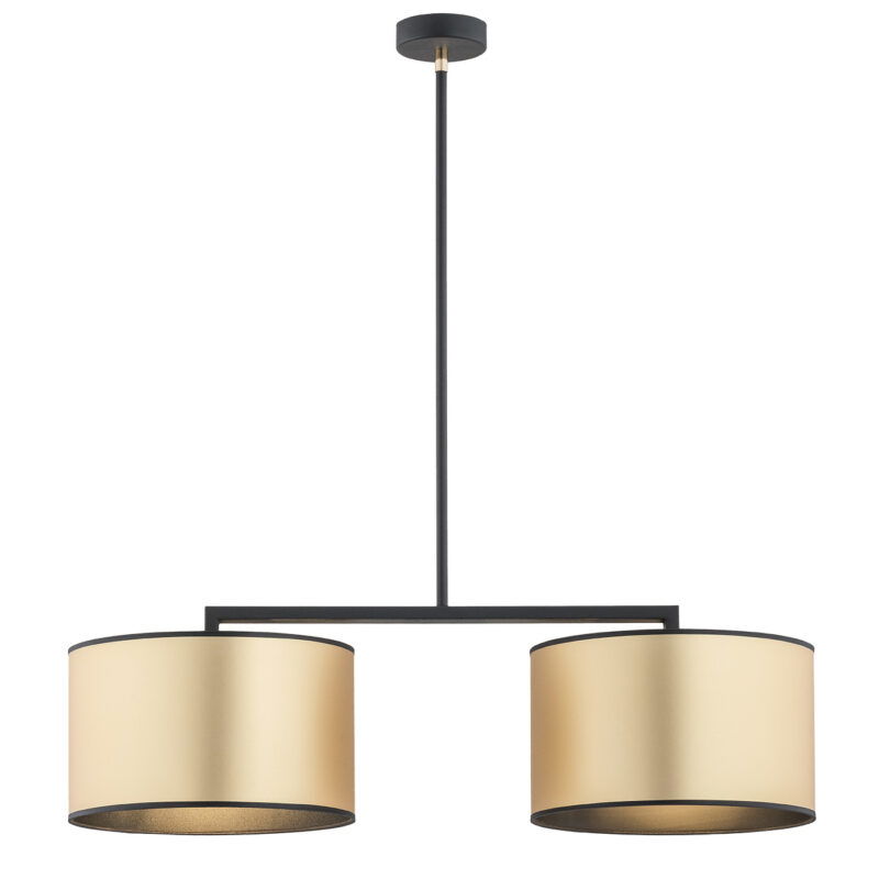 Full view of a two light black pendant lamp with two gold fabric shades.