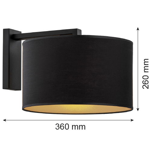 Black wall light with black fabric shade shown with sizes in MM on the image.
