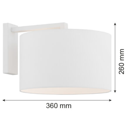 White wall light with white drum fabric shade with sizes in MM on the image.