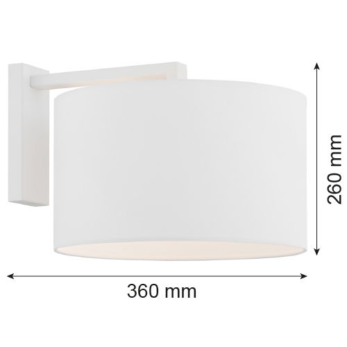 White wall light with white drum fabric shade with sizes in MM on the image.