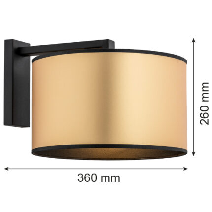 Black framed armed wall light with gold lampshade with sizes in MM listed on image.