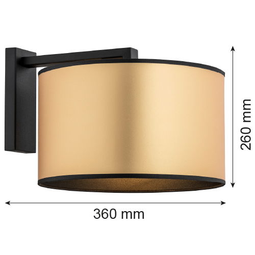 Black framed armed wall light with gold lampshade with sizes in MM listed on image.