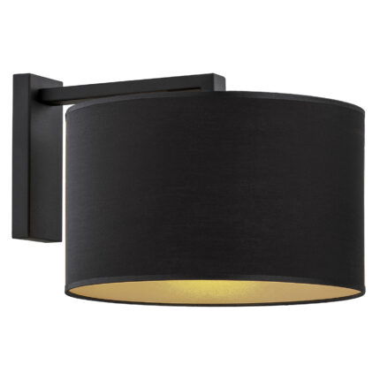 Left side view of a black wall light with black fabric shade.