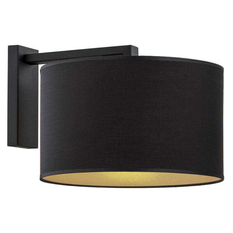 Left side view of a black wall light with black fabric shade.