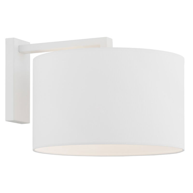 Left side angle view of a white wall light with white fabric lampshade.
