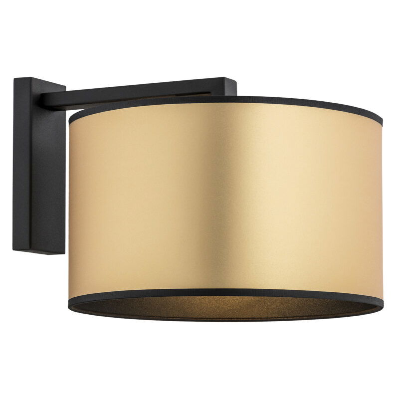 Left side angled view of a black armed wall light with gold round lampshade attached.