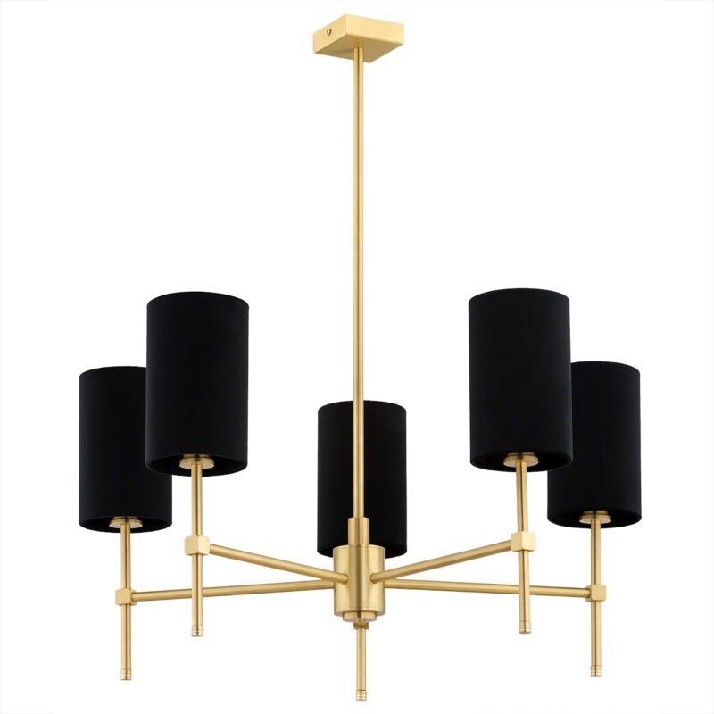 Aruzzo chandelier side view showing five black fabric shades on brushed brass multi-arm frame.