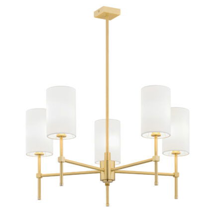 Aruzzo 5-light chandelier with brushed brass frame and five white fabric cylinder shades.