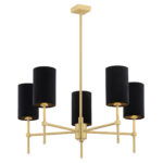 Aruzzo Chandelier, 5 Light, Brushed Brass, Black Fabric Shades, 70cm